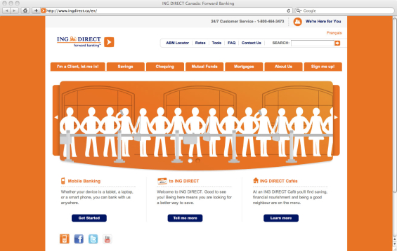 Does ING Direct list contact information on the home page of its website?