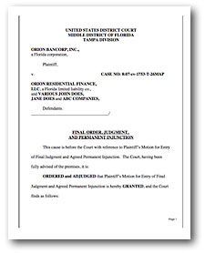 Original judgment and injunction against \'Orion Residential Finance\'