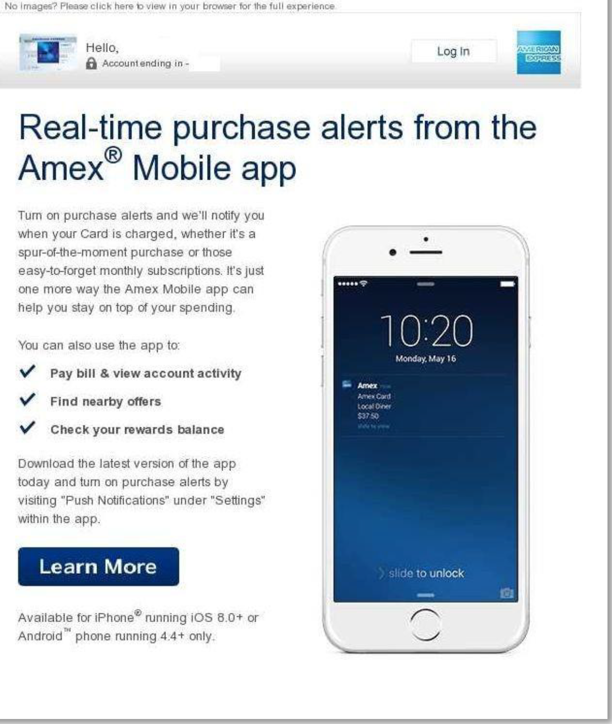 Picture of Amex Mobile Mobile Alerts Activation Email