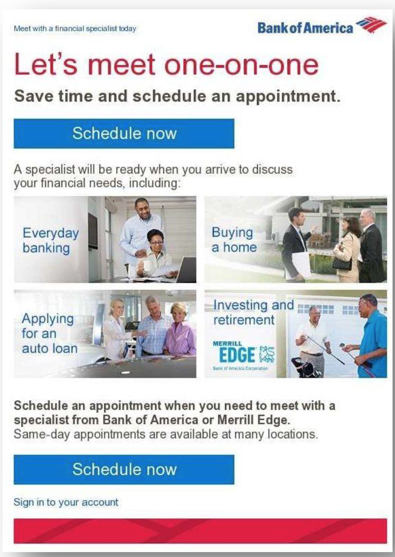 Picture of Bank of America Appointment Scheduling Email