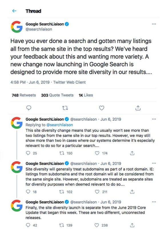 Original Google Twitter thread on site diversity
