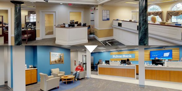 Adrenaline Fulton Bank branch rebrand interior before after
