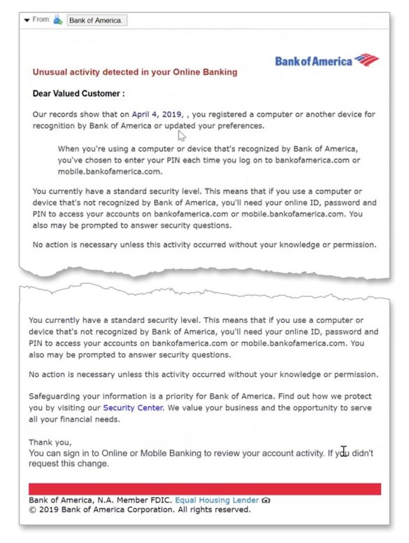 Bank of America phishing scam email