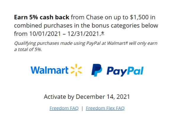 Chase Walmart Paypal holiday cash back