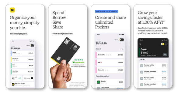 One Finance mobile app screens