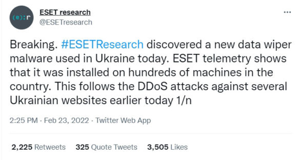ESET Russian Ukrainian data wiper malware tweet