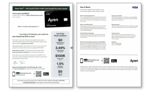 Aven Visa credit card backed by home equity cash back offer