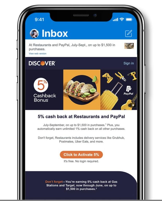 Discover bank email unlimited 5% cash back bonus on dining restaurants and PayPal