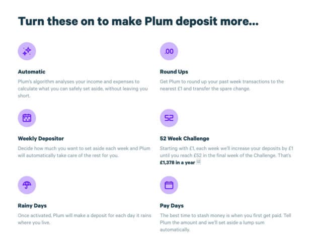 Plum deposit more savings options online app automatic pay days weekly round up