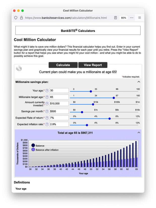 Calculator that shows a savings plan that results in a million dollars by a target age