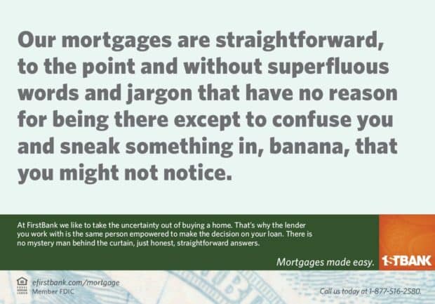 FirstBank banana jargon mortgage ad
