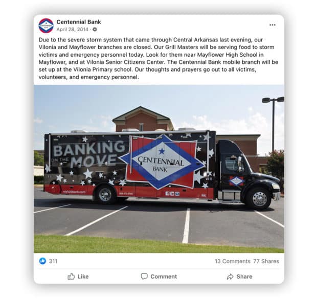Centennial Bank social media about severe storms and how they help when branches are closed