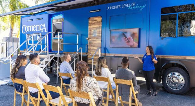 Comerica Bank's mobile branch is used for education as well as ATM and banking services