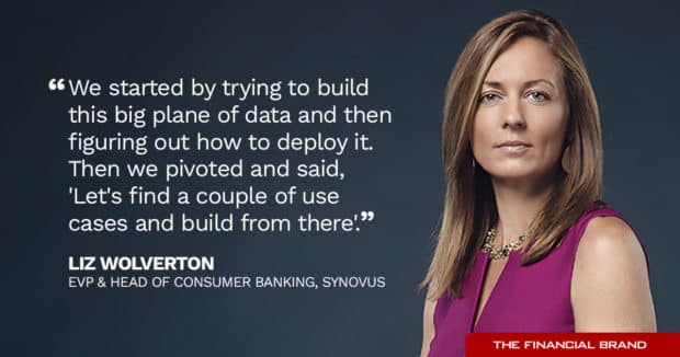 Liz Wolverton of Synovus Bank quote we started by trying to build big plane of data and then figuring out how to deploy it pivoted to let's find use cases and build from there
