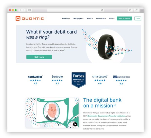 Quontic Bank website home page shows love of innovation