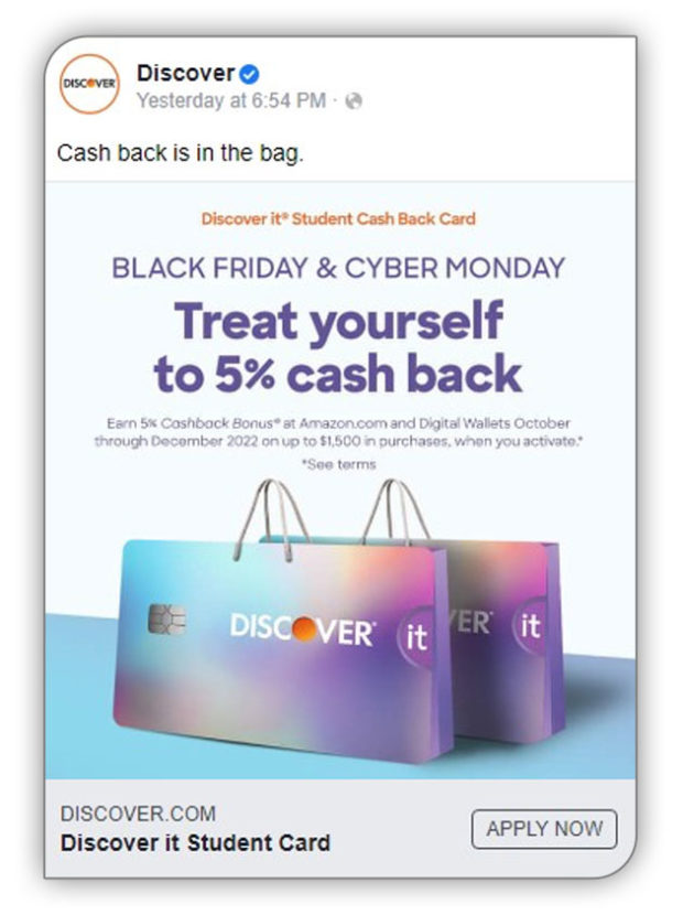 holiday credit ad for Discover card threat yourself to 5 percent back