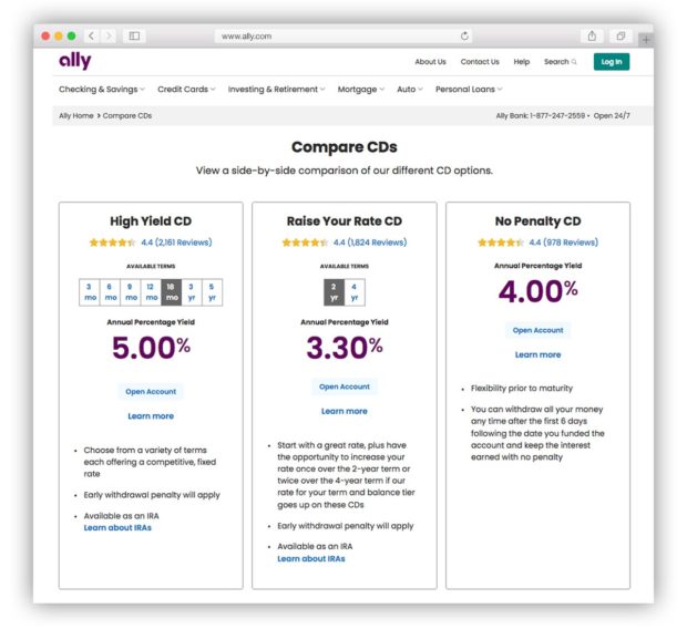 Ally Bank compare CD interest rates webpage