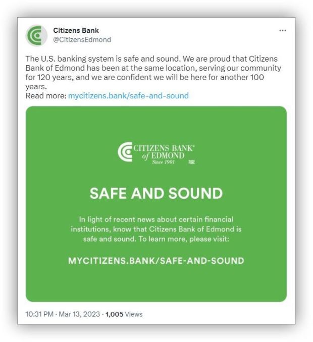 Citizens Bank of Edmond tweets that the bank is safe and sound