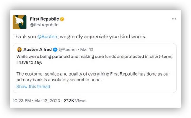 First Republic thank you tweet to a customer who complimented the bank's customer service