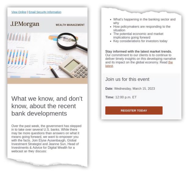 JPMorgan email inviting customers to join a live webcast discussing what's happening what the market implications are and key considerations for investors
