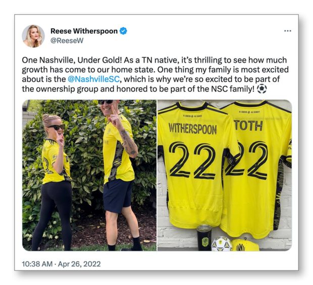 Reese Witherspoon celebrates Nashville Soccer club with photo in team jersey tweet