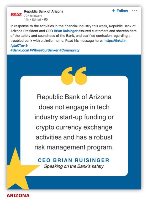 Republic Bank of Arizona LinkedIn does not engage in tech industry start-up funding or crypto exchange activities