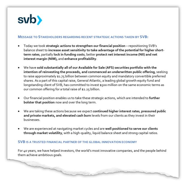 Silicon Valley Bank investor letter regarding strategic actions taken