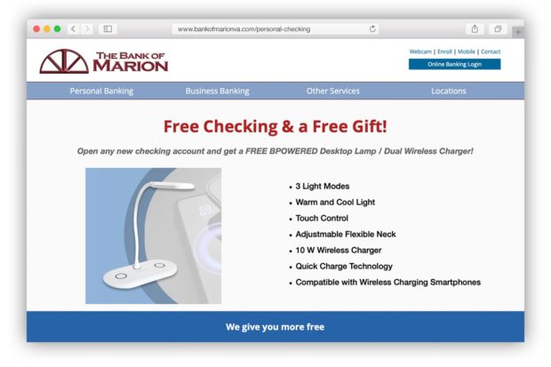Bank of Marion free checking and free gift powered desktop lamp dual wireless charger