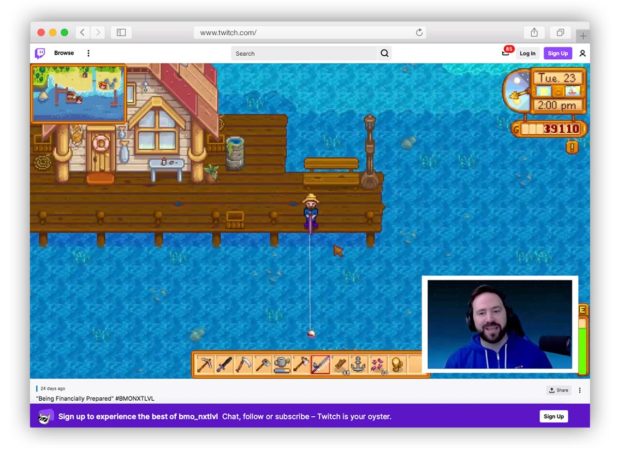 BMO Financial streaming on Twitch Stardew Valley with host