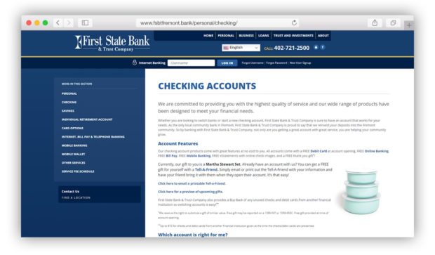 First State Bank free checking, bill pay, debit card, online banking, mobile banking and Martha Stewart container set