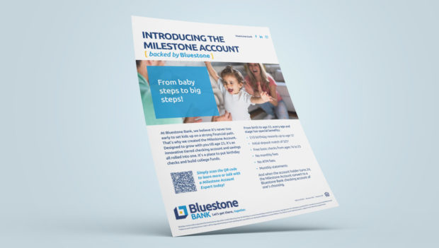 Flyer introducing the Milestone Account, a youth account that grows until age 23