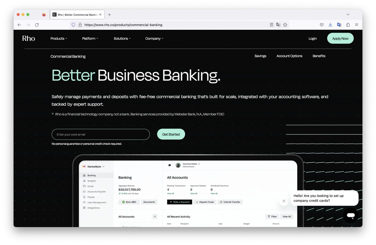 Rho Business Banking homepage