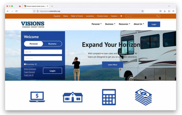 Screenshot of Visions advertising their RV loan