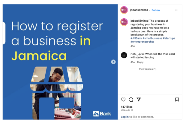 screenshot of instagram post by jmb bank of how to open a business in jamaica