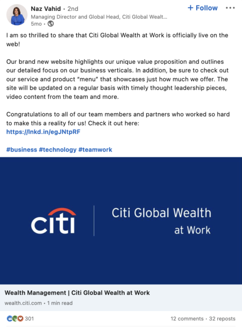 screenshot of a linkedin announcement of citi's new wealth at work program website