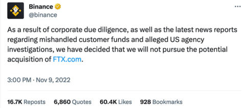 picture of tweet from binance on the downfall of FTX