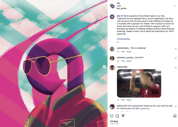 screenshot of Ally Bank Instagram post top gun art post by customer