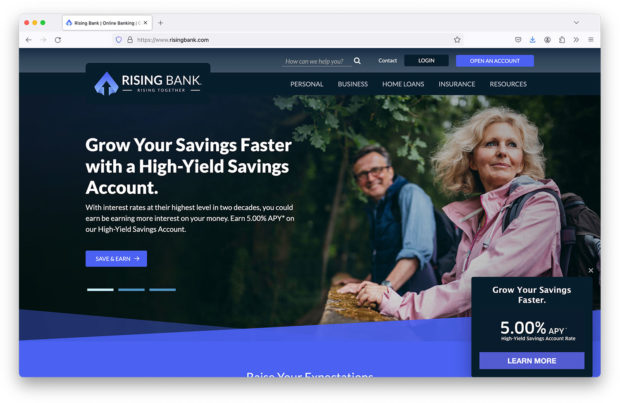 a screenshot of the homepage of the rising bank website